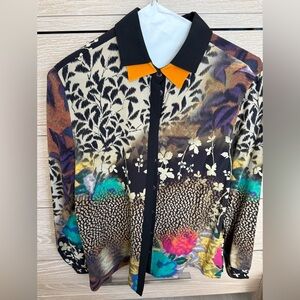 Etro Silk Patterned Blouse with Black and Orange Collar-43